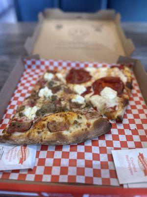 The Lasagna and The Gourmet Pepperoni pizza slices