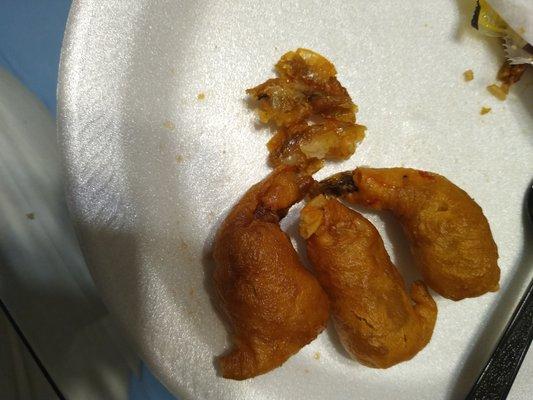 Overcooked Shrimp looked and tasted old and reheated