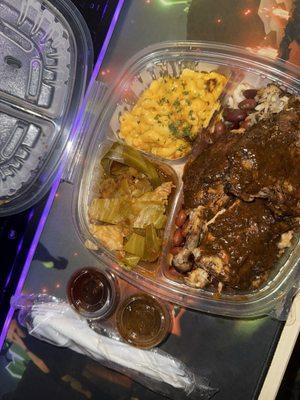 Jerk Chicken with 3 sides - red beans + rice, mac + cheese, and smoked cabbage