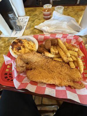 Catfish, French fries, hush puppies, macaroni and cheese