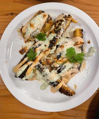 grilled corn ribs, chili oil, chipotle and cilantro mayo, cotija cheese (10/10!!!)