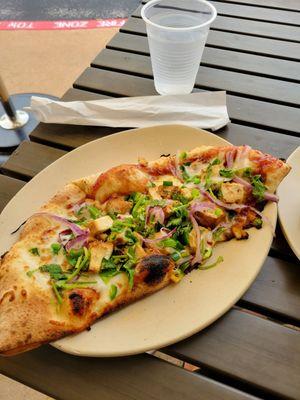 Half BBQ chicken pizza but not chicken, added in tofu. You are also able to ask for a complimentary side or ranch!