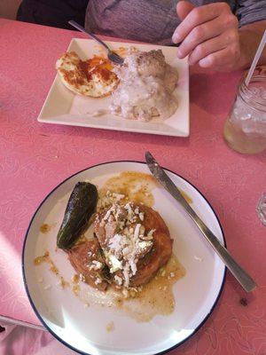 Biscuits and Gravy Breakfast and Chili relleno with chili and a fried jalepeno