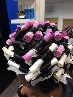 Rod set on relaxed hair for a carefree busy weekend! Before