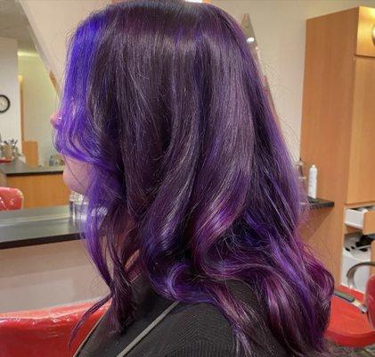 Purple full head of color with purple highlights and money piece