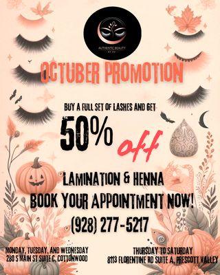 Get flawless lashes this October! Enjoy 50% off on full sets, lamination, and henna. Elevate your beauty and embrace the season with stun