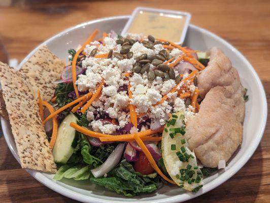 Farmer's salad with grilled snapper, lemon basil dressing
