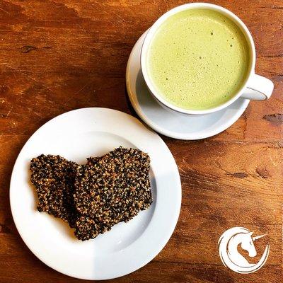 Matcha and ormus green tea latte with Brazil nut milk. Sesame maple and nori breakfast cracker