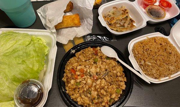 Lettuce Wraps, Egg rolls, Scallion pancakes, Fried rice & H2 Pheasant Soong Chicken