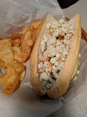 Buffalo chicken sandwich with in house made potato chipa