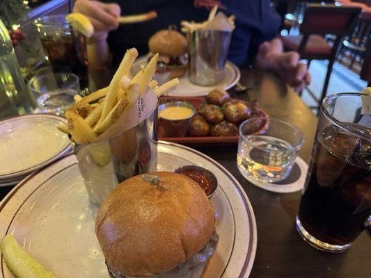 Tavern Burger, Pretzel Bites, and Hot Honey Chicken Sandwich