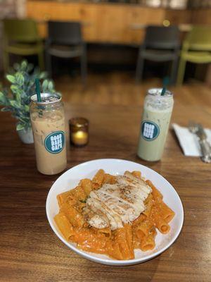 pasta with chicken, strawberry matcha and pumpkin latte
