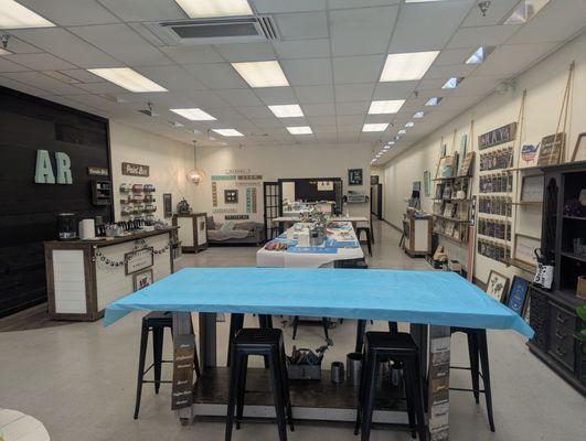 Team building set up in the back, food and drink table up front!