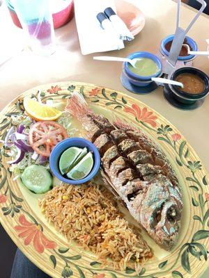 Whole deep Fried Red Snapper about $28