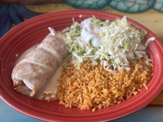 Special Lunch #6 Fried Beef Tip Chimichanga with rice.