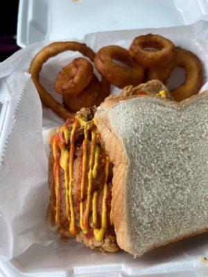 Pork chop sandwich and onion rings