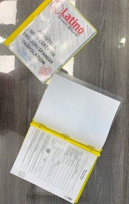 Apostille with Certified English / Spanish Translation ready for pick up to be use in Mexico and the other in Spain.