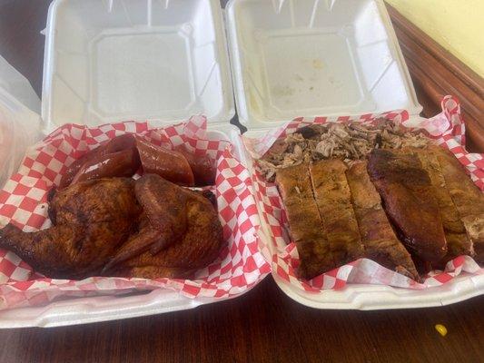 The Sampler (ribs, smoked chicken, smoked sausage, pulled pork, 2 quarts of sides and 2 corn muffins)