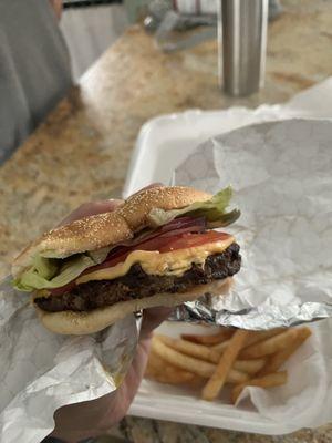 Cheeseburger with all the standard toppings.