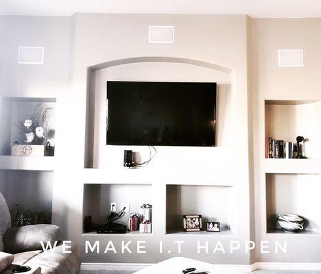 Flat screen, mounted, with Sound System installed.