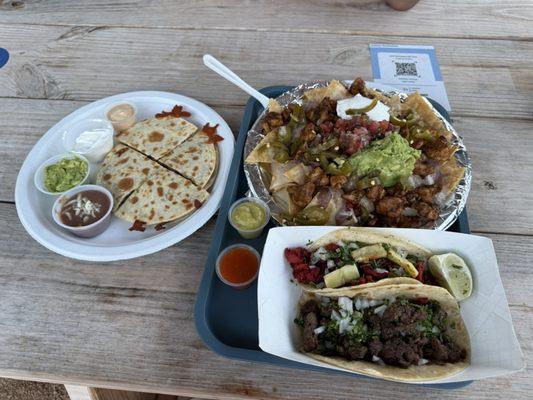 Quesadilla, tacos, and nachos