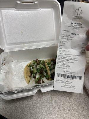 Receipt of 3 tacos, no jalapeño and extra onions.