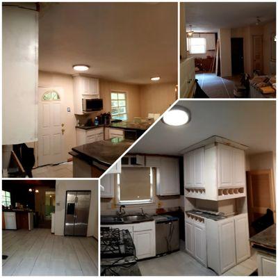 Kitchen progression tiled floor / hanging cabinets