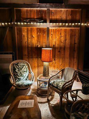 Sitting area next to the warm fireplace