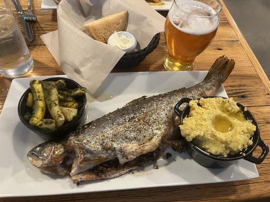 Stuffed trout with grits and zucchini/squash