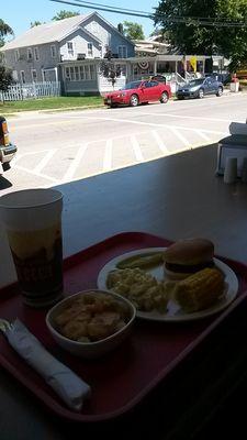 Smoked pork sausage sandwich, corn, potato salad, fruit cobbler and special Texas soda!