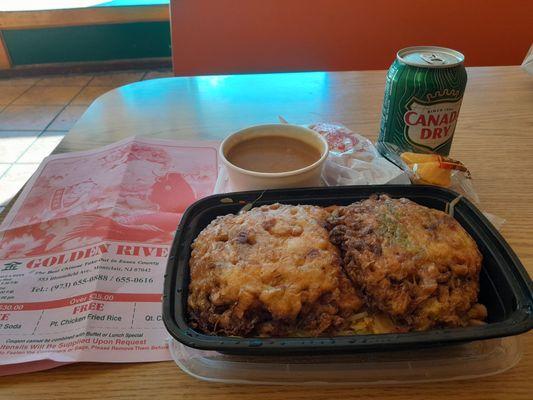 Delicious Roast Pork egg foo young. I like the gravy separated . The rice us very good and not saggy.  Egg roll is crispy.  Good food