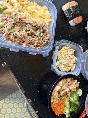 Kahlua pork, Musubi, Teriyaki Chicken, Macaroni Salad