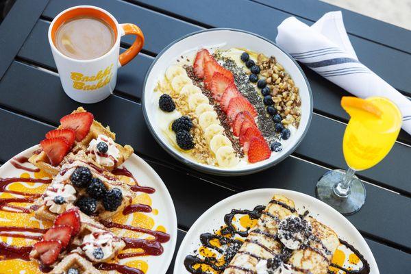 Waffle n berries, yogurt parfait, oreo and cheesecake crepe