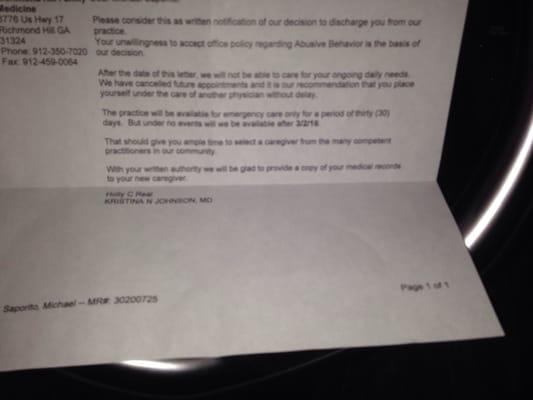 If you complain about this doctor they consider it abusive and send you a break up letter.