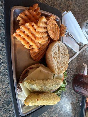 Fried pickle burger with elk patty.