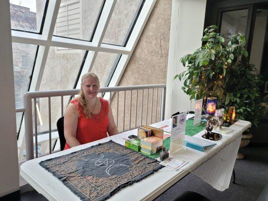 All set up at the Times Square Merchant Market and ready to do Tarot readings for you!