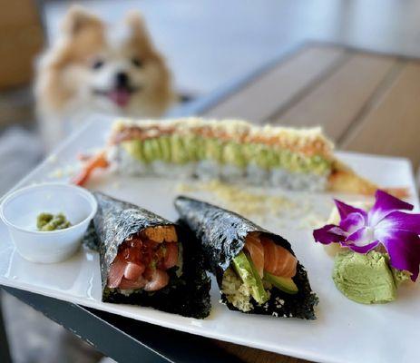 Hand Rolls: Deluxe w/ uni, o-toro, ikura, shiso leaf, fresh wasabi ($10.99) + Salmon & Avocado ($5.99)
