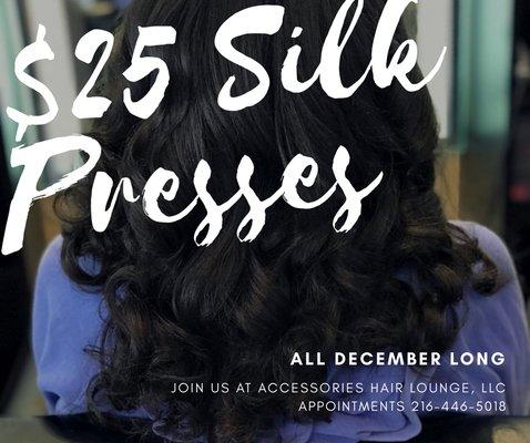 Take advantage of our $25 Silk Presses. Book online, call or text!