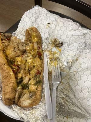 Chicken bacon ranch cheesesteak I paid 21 dollars can't eat it. I'm allergic to mushrooms.