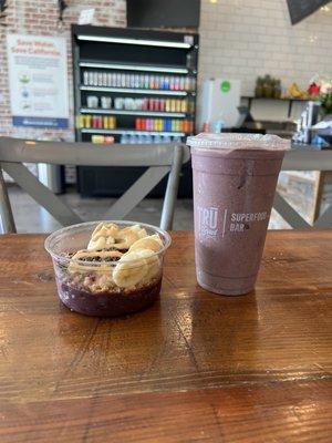 Coco Loco smoothie and custom açaí bowl.