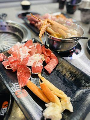 Selection of hot pot meats and crab legs