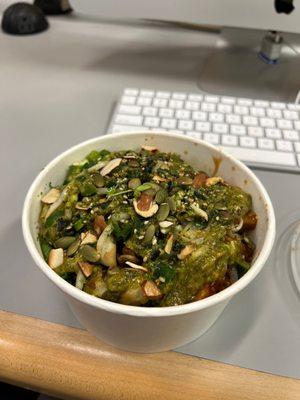 Crispy sesame tofu w chimichurri sauce in a sprout bowl :)))