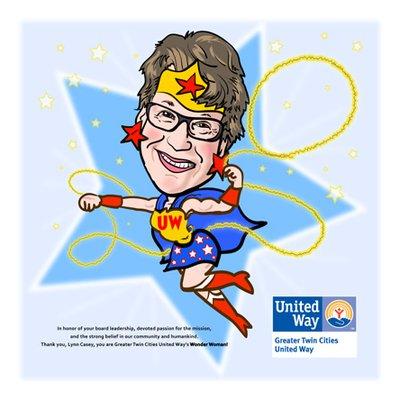Gift caricature by Pete Wagner drawn in studio for a retiring wonder woman