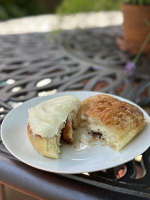 Cinnamon roll and chocolate croissant