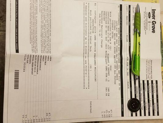 This is the original receipt. $77.33 for a basic oil change on a 4 cylinder.