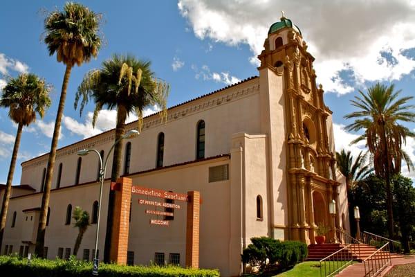 View from parking lot of the monastery chapel.