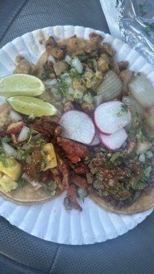 Al pastor, asada, and pollo tacos, with everything. There was a bag with additional lime, jalapeños, and carrots as wel