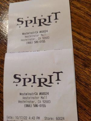 Spirit Receipt and Address