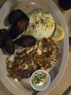 Crabcake dinner with plantains and cilantro rice