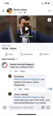 Calling Charlie Kirk a nazi and saying hope he's rotting in hell. She clearly hates republicans